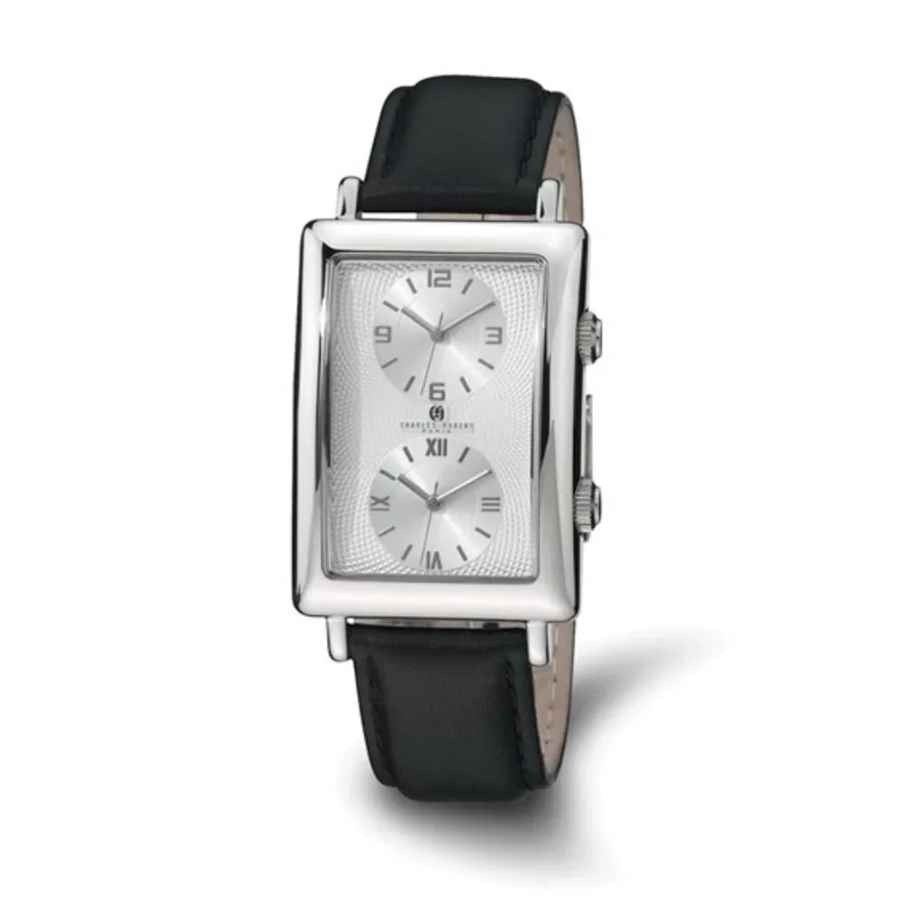 Charles Hubert Men's Dual Time Watch - Silver Dial - Black Leather Band - NEW